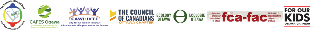 Banner of logos from the organizers of the Ottawa 2022 Mayoral Eco-Debates and members of the People's Official Plan Coalition. These are CAFES Ottawa, City for All Women Initiative, The Council of Canadians Ottawa Chapter, Ecology Ottawa, Federation of Citizens' Associations Ottawa, and For Our Kids Ottawa-Gatineau.